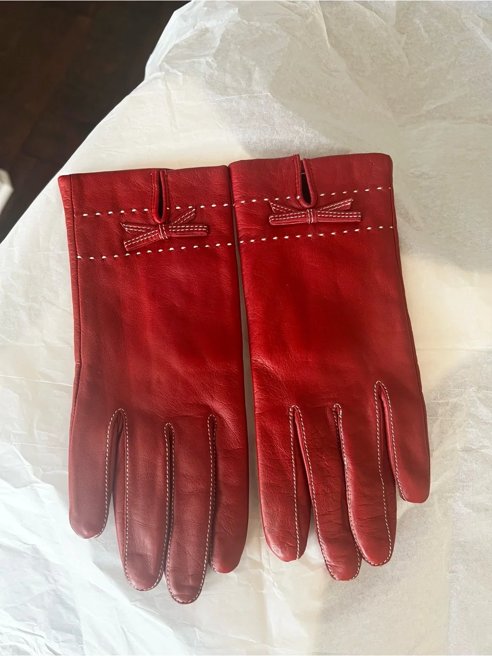 Dark Red Soft Leather Gloves with Bow Accent